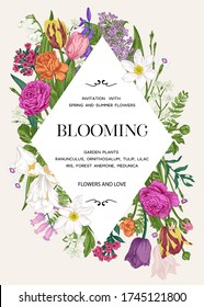 Invitation card with flowers and herbs. Rhombus. Vector botanical illustration. Colorful.