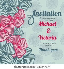 invitation card with flowers and seamless pattern