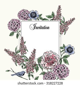 Invitation card with flowers. Vector illustration.