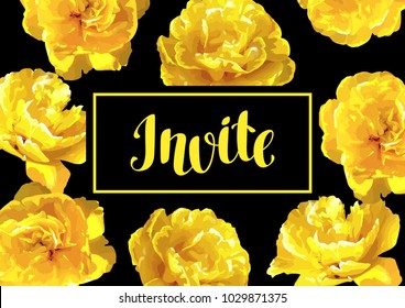 Invitation card fluffy yellow tulips. Beautiful realistic flowers and buds.