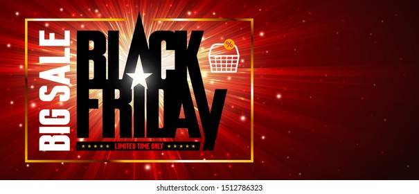 Invitation card flyer for Big Sale on Black Friday on radiant background. Template design banner, leaflet with copy space.