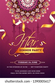 Invitation Card Or Flyer Design With Exquisite Flower And Event Details For Iftar Dinner Party Celebration.