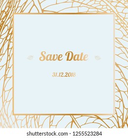 Invitation card in the form of a frame of hydrangea leaves on a pale blue background. Can be used for invitations and greetings.
