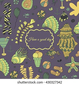 Invitation card with a frame. Abstract vector decorative nature background. Template frame design. Doodle travel vacation icons