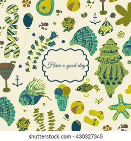 Invitation card with a frame. Abstract vector decorative nature background. Template frame design. Doodle travel vacation icons