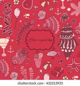 Invitation card with a frame. Abstract vector decorative nature background. Template frame design. Doodle travel vacation icons
