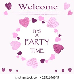 Invitation card with frame of hearts on a soft pink bckground. Text box.