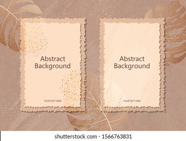 Invitation card. Frame of torn paper around the edges against the background of monstera leaves. Place for text. Fashionable design. Vector illustration.