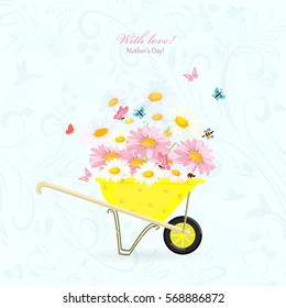 invitation card with funny garden wheelbarrow of flowers and butterflies. mother's day