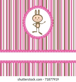 Invitation card with funny rabbit on stripe background