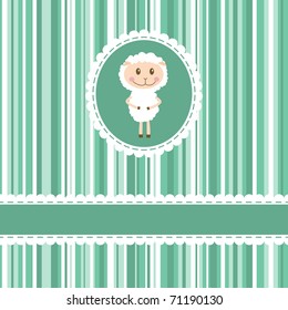 Invitation card with funny sheep on stripe background