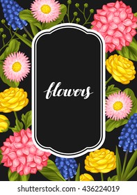 Invitation card with garden flowers. Decorative hortense, ranunculus, muscari and marguerite. Image for wedding invitations, romantic cards, posters.
