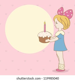 Invitation card with girl and cake. Birthday background