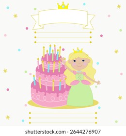 Convite, cartão, princesa menina e bolo de aniversário rosa com velas, caixa de texto, coroa, fita, confete, estrelas, convite de crianças, amostra, conceito