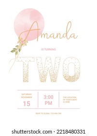 invitation card for the girl's birthday party. Template for baby shower invitation. Two years