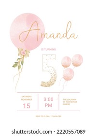 invitation card for the girl's  birthday party. Template for baby shower invitation. Five years	