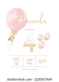 invitation card for the girl's birthday party. Template for baby shower invitation. Four years	