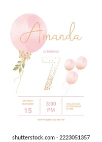 invitation card for the girl's birthday party. Template for baby shower invitation. Seven years	