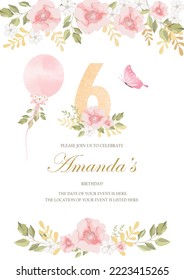 invitation card for the girl's  birthday party. Template for baby shower invitation. six years