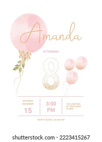 invitation card for the girl's birthday party. Template for baby shower invitation. Eight years	
