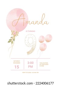 invitation card for the girl's birthday party. Template for baby shower invitation. nine years	