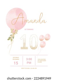 invitation card for the girl's birthday party. Template for baby shower invitation. ten years	