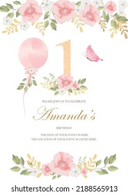 invitation card for the girl's first birthday party. Template for baby shower invitation. one year