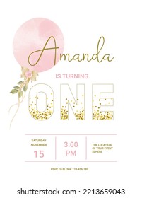 invitation card for the girl's first birthday party. Template for baby shower invitation. one year