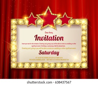 Invitation card. Glowing Golden frame with stars. Flyers, invitation, posters, brochure, voucher discount Vector illustration