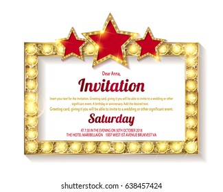 Invitation card. Glowing Golden frame with stars. Flyers, invitation, posters, brochure, voucher discount Vector illustration