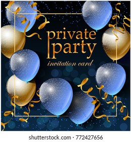 Invitation Card With Gold And Blue Balloons And Serpentine On A Black Background