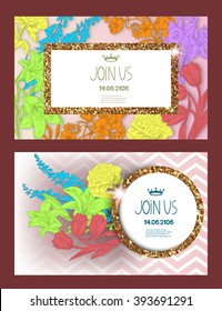 Invitation card with gold textured frames , flowers and ribbon