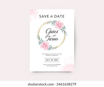 Invitation card with golden circle and beautiful flower watercolor