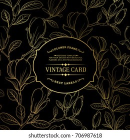 Invitation card with golden flowers. Blossom magnolia for you personal cover. Dark theme with gold lines for book cover. Botanical texture illustration in style of engraving. Vector illustration.