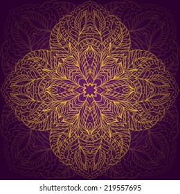 Invitation card with golden lace ornament.Vintage gold lace on purple background.It can be used for decorating of invitations,cards,cover for book,notebook.Vector illustration in asian and east style.