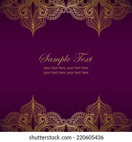 Invitation card with golden lace ornament.Vintage gold lace on purple background.It can be used for decorating of invitations,cards,cover for book,notebook.Vector illustration in asian and east style.