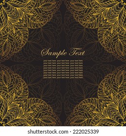 Invitation card with golden lace ornament.Vintage gold lace on black background.It can be used for decorating of invitations,cards,c over for book,notebook.Vector illustration in asian and east style.