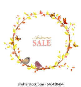 invitation card with graceful autumn wreath and birds for your design