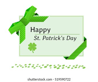 Invitation card with green ribbon, bow and clover for Saint Patrick's day celebration. Illustration contains text: Happy St. Patrick's Day
