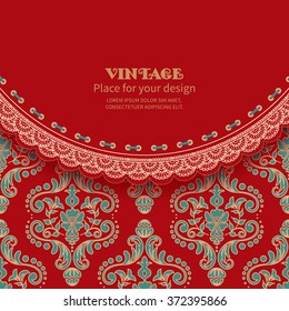 Invitation card or greeting.Frame with lace on retro background seamless floral damask pattern