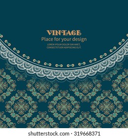 Invitation card or greeting.Retro background with lace on seamless floral mosaic pattern