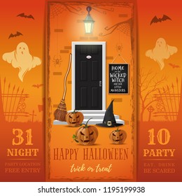 Invitation card for a Halloween night party. Eat, drink, be scared. House of the wicked witch and her little monsters. Vector illustration