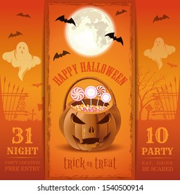 Invitation card for a Halloween night party. Eat, drink, be scared. Halloween design with pumpkin-shaped sweets basket. Vector illustration