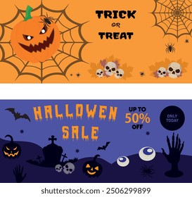 Einladungskarte, Halloween Coupon in orange und lila Farben. Gespenstisches Halloween Grußkartendesign. Ideal für Einladungen zu Party, Event, Geburtstag, Social Media, Banner