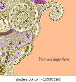 Invitation card with hand draw arabic, oriental, indian motiv. Traditional ornament, paisley