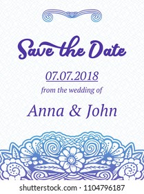 Invitation card with hand drawn doodle flowers and text Save the date