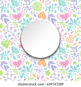 Invitation card with hand drawn flowers and hearts on white background. Vector illustration.