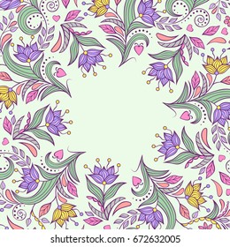 Invitation card with hand drawn flowers.Vector illustration.