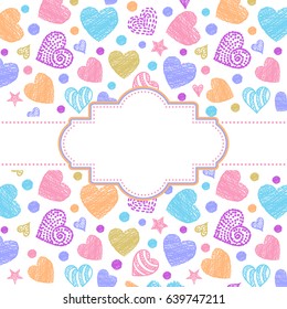 Invitation card with hand drawn hearts.Vector illustration.