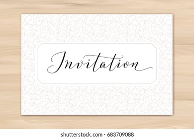 Invitation card with hand written custom calligraphy and hearts background. Lettering, word with swirls and swashes isolated on white. Great for wedding and birthday party design, cards, banners.